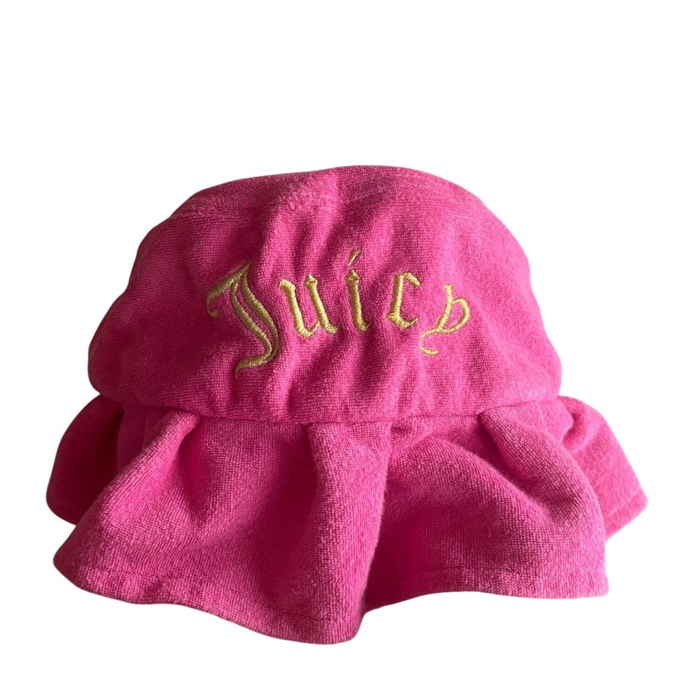 Juicy Couture Pink Terry Cloth Ruffle Bucket Hat Gold Embroidered Logo Y2K OS - Picture 3 of 8